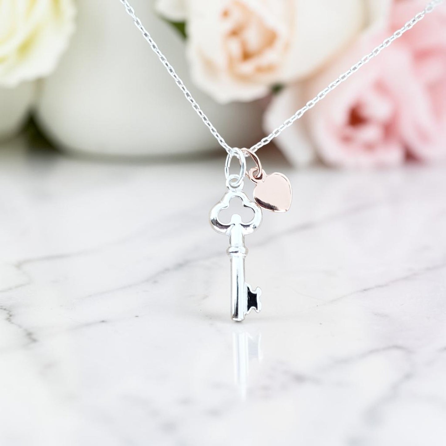 Key Necklace with Rose Gold Heart | Sterling Silver 925 | Personalised Jewellery