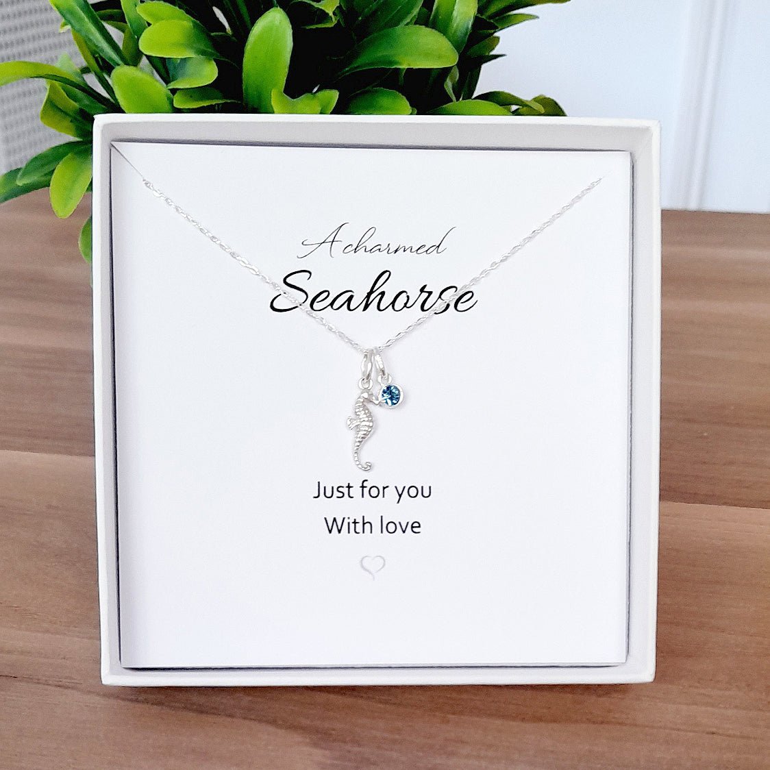 A Charmed Seahorse Birthstone Necklace Sterling Silver 925, Personalised Jewellery