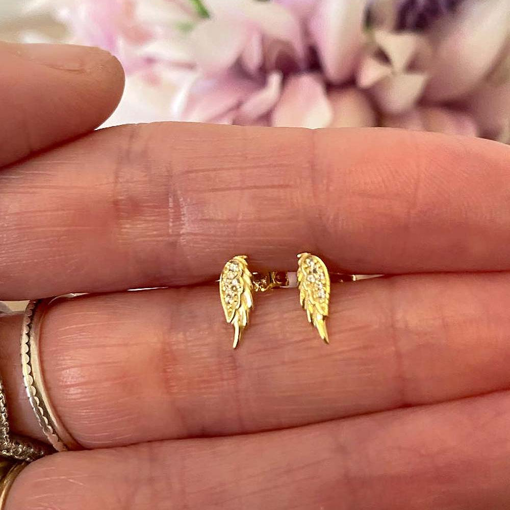 Angel Wing Stud Earrings | 14ct Gold Plated | Cubic Zirconia
