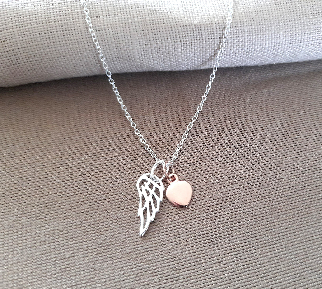 Godmother Gift, Angel Wing Necklace with Rose Gold Heart in Sterling Silver 925, Personalised Jewellery Gift