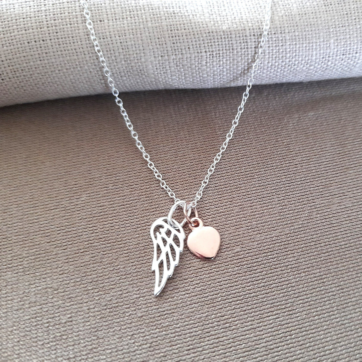 Angel Wing Necklace with Rose Gold Heart in Sterling Silver 925, Personalised Jewellery