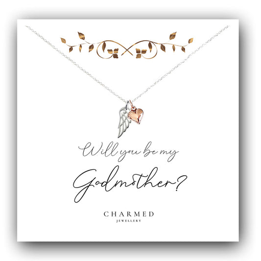 Godmother Gift, Angel Wing Necklace with Rose Gold Heart in Sterling Silver 925, Personalised Jewellery Gift