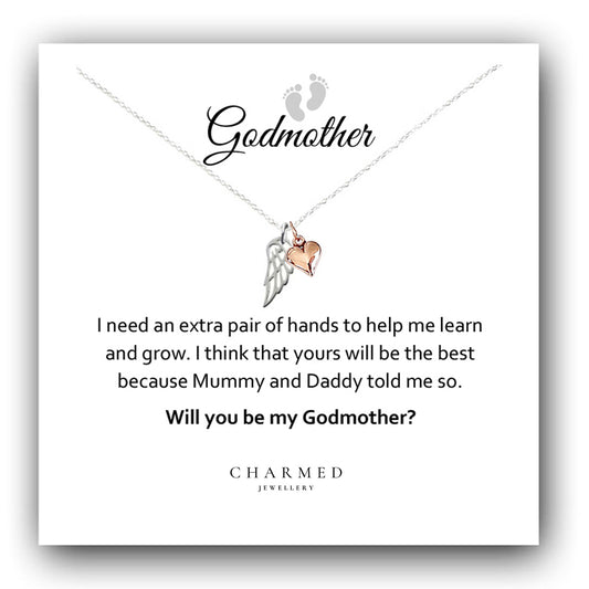 Godmother Gift, Angel Wing Necklace with Rose Gold Heart in Sterling Silver 925, Personalised Jewellery Gift
