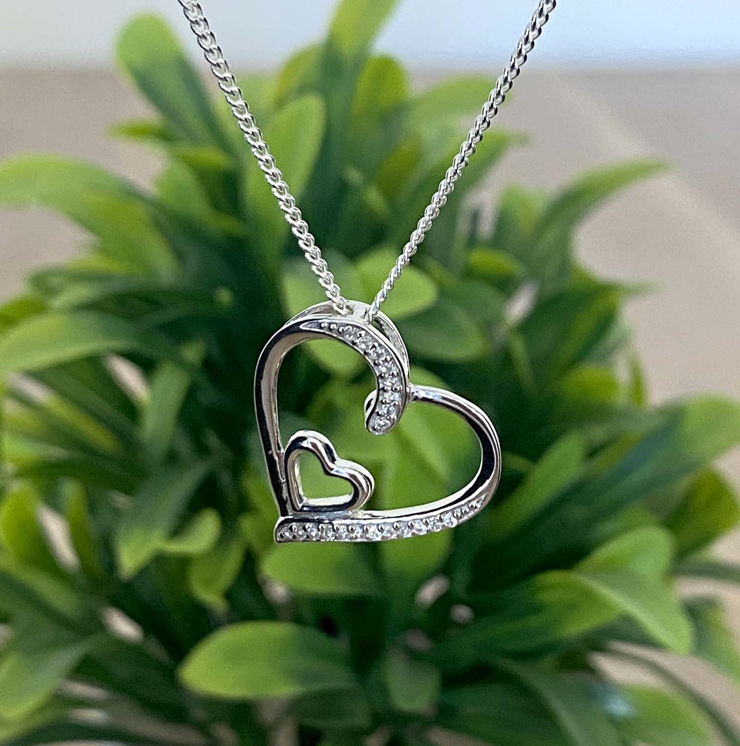 Twin Heart Necklace with Cubic Zirconia 925 Sterling Silver