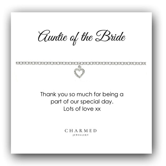 Auntie of the Bride Heart Bracelet with Cubic Zirconia in Sterling Silver 925, Personalised Jewellery Gift