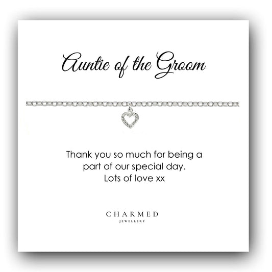 Auntie of the Groom Heart Bracelet with Cubic Zirconia in Sterling Silver 925, Personalised Jewellery Gift