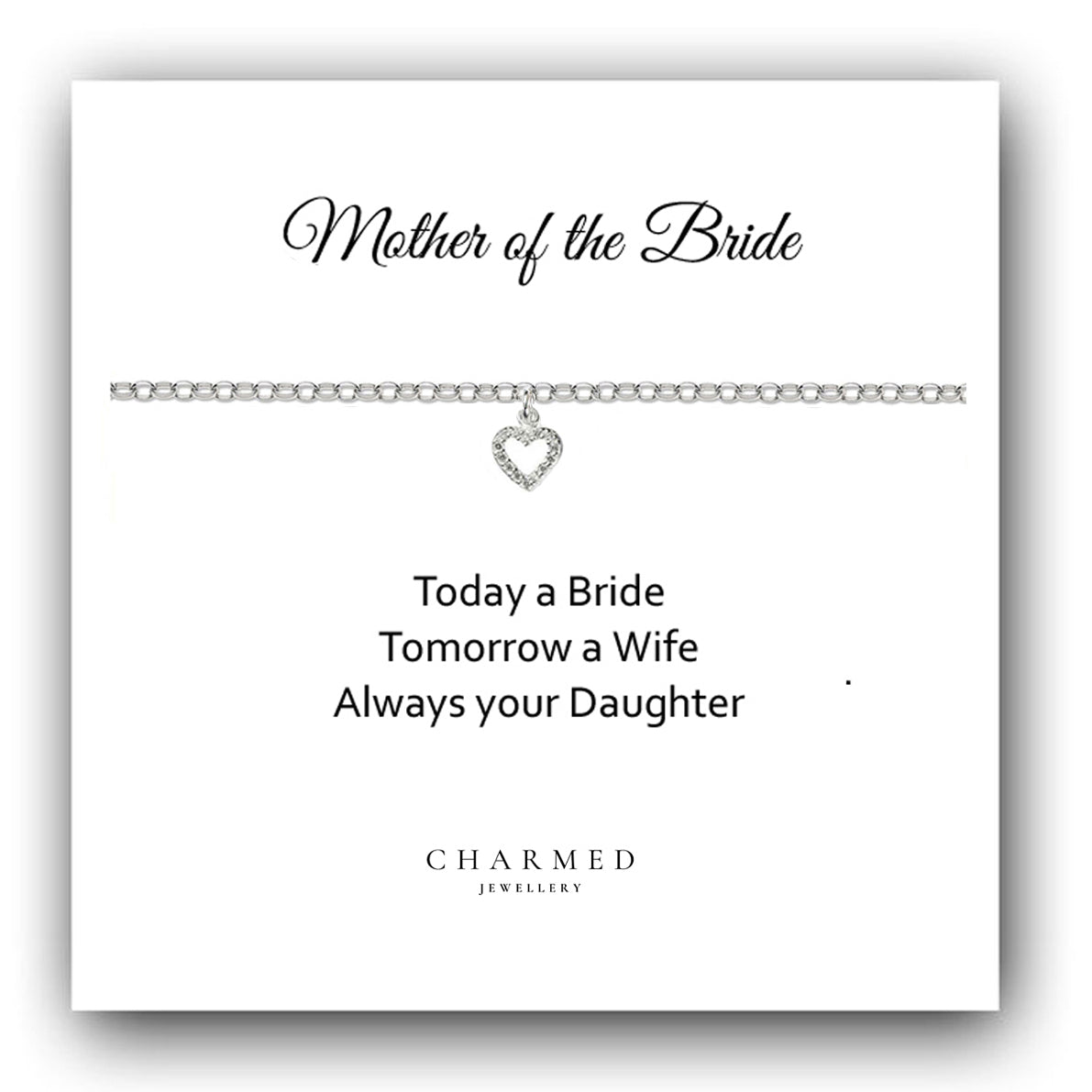 Mother of the Bride Heart Bracelet with Cubic Zirconia in Sterling Silver 925, Personalised Jewellery Gift