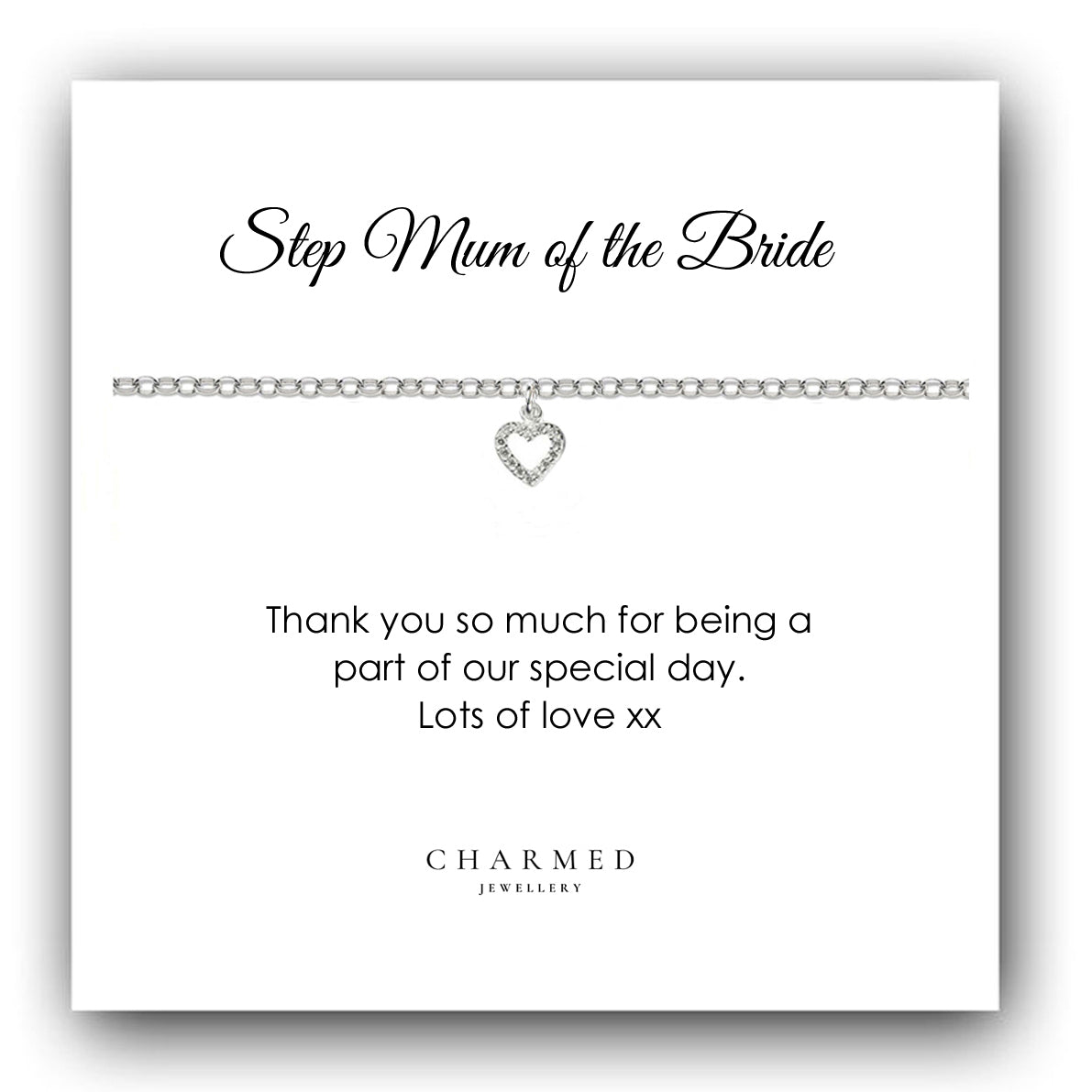 Step Mum of the Bride Heart Bracelet with Cubic Zirconia in Sterling Silver 925, Personalised Jewellery Gift