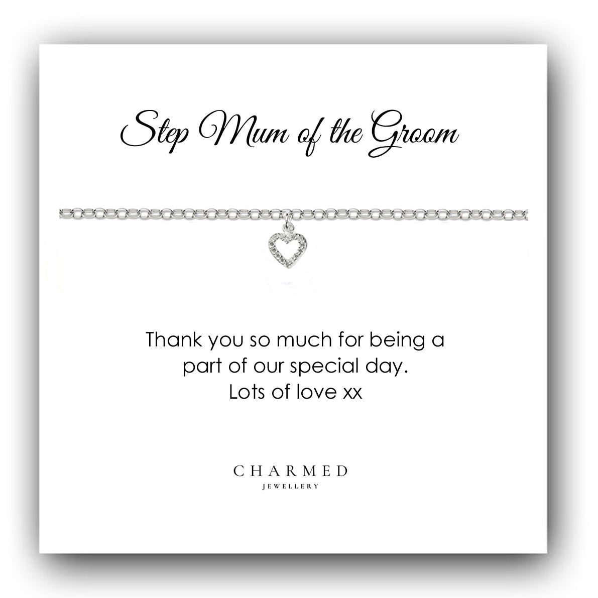 Step Mum of the Groom Heart Bracelet with Cubic Zirconia in Sterling Silver 925, Personalised Jewellery Gift