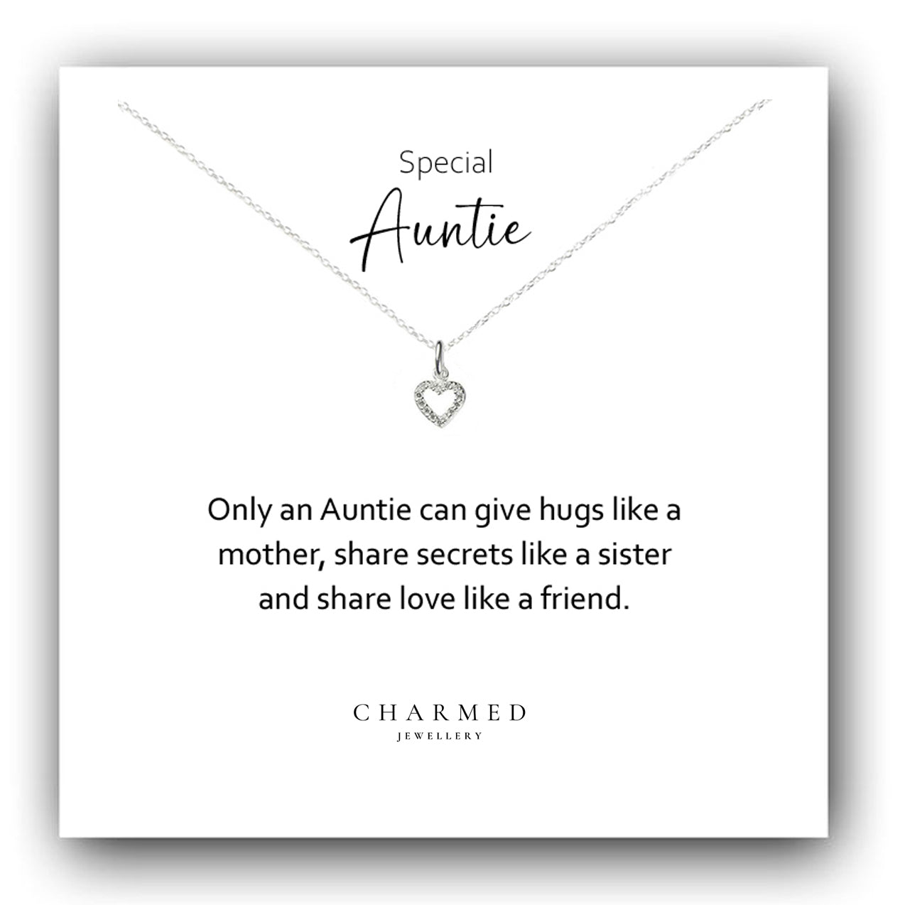 Auntie Heart Necklace with Cubic Zirconia in Sterling Silver 925, Personalised Jewellery Gift
