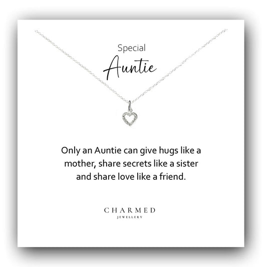 Auntie Heart Necklace with Cubic Zirconia in Sterling Silver 925, Personalised Jewellery Gift