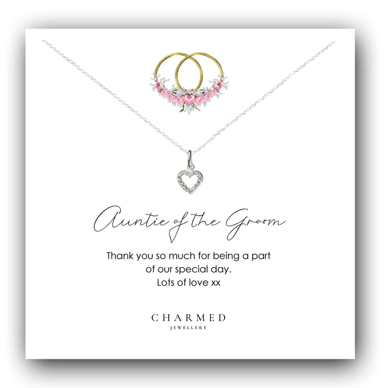 Auntie of the Groom Gift, Heart Necklace with Cubic Zirconia in Sterling Silver 925, Personalised Gift