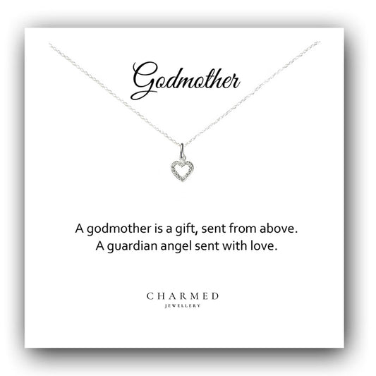 Godmother Heart Necklace with Cubic Zirconia in Sterling Silver 925, Personalised Jewellery Gift