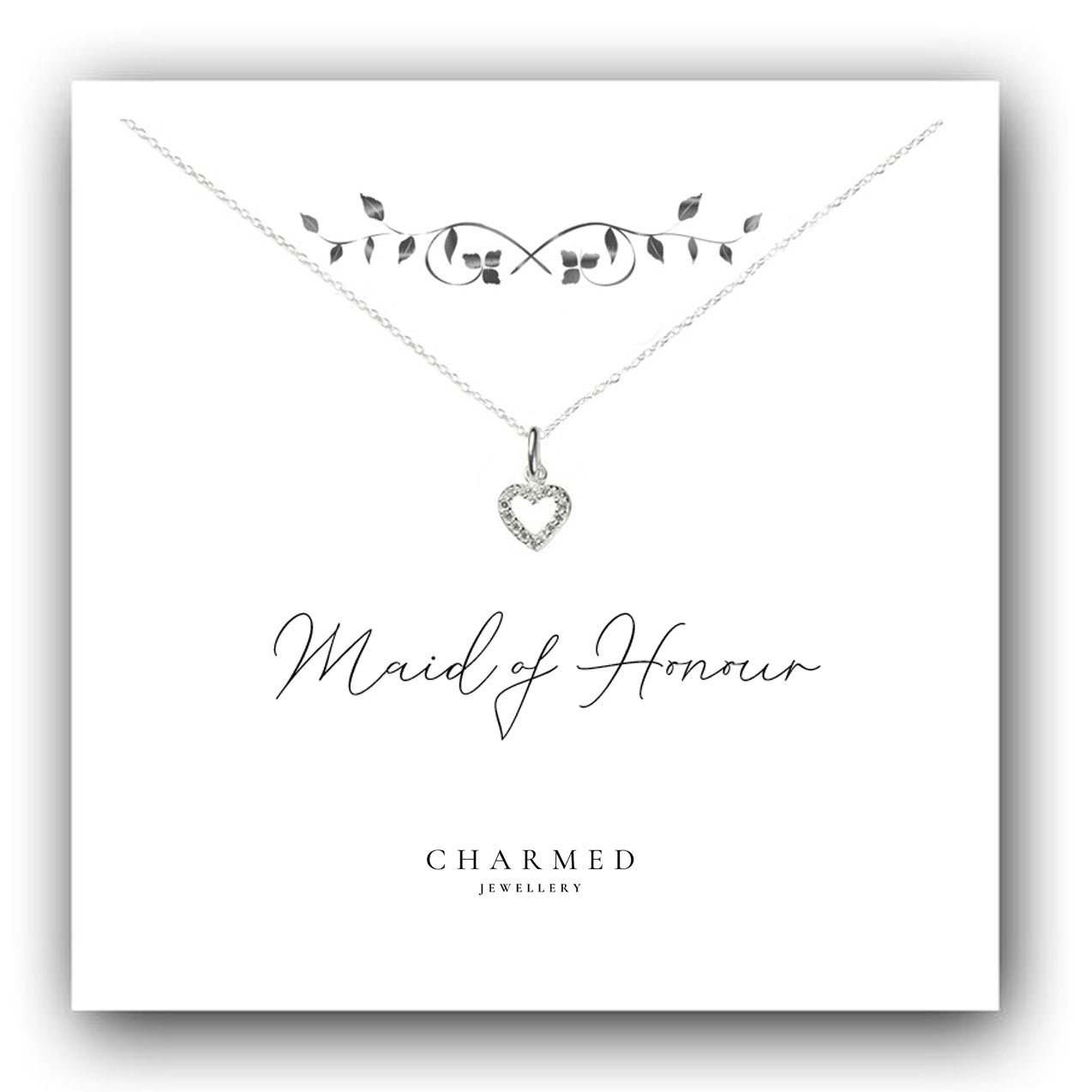 Maid of Honour Heart Necklace with Cubic Zirconia in Sterling Silver 925, Personalised Gift