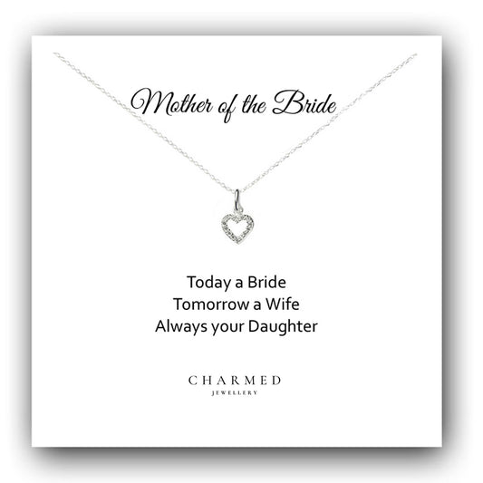 Mother of the Bride Heart Necklace with Cubic Zirconia in Sterling Silver 925, Personalised Jewellery Gift