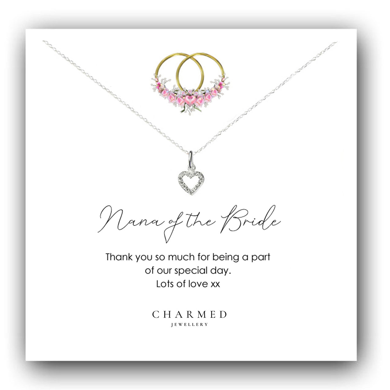 Nana of the Bride Gift, Heart Necklace with Cubic Zirconia in Sterling Silver 925, Personalised Gift