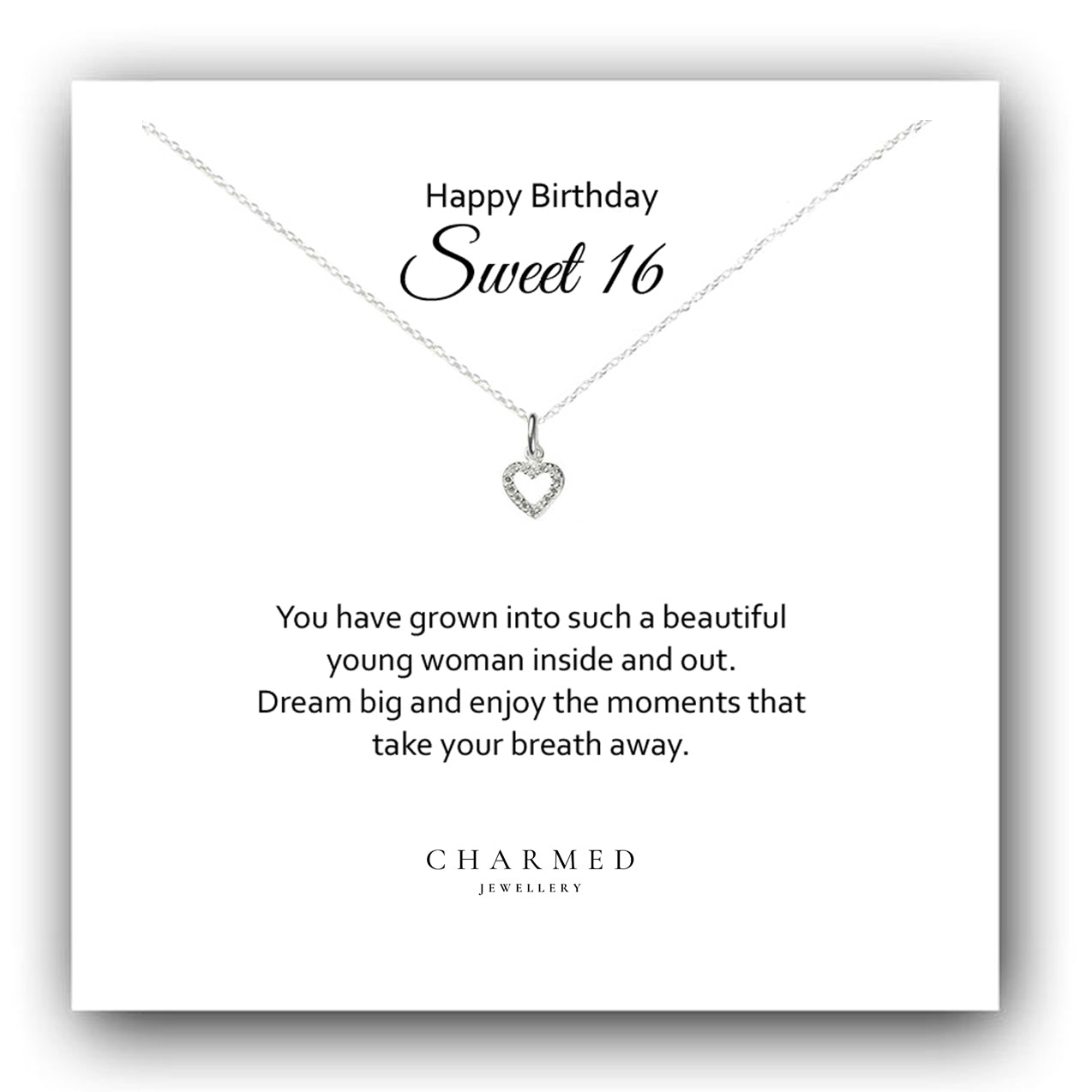 Sweet 16 Heart Necklace with Cubic Zirconia in Sterling Silver 925, Personalised Jewellery Gift