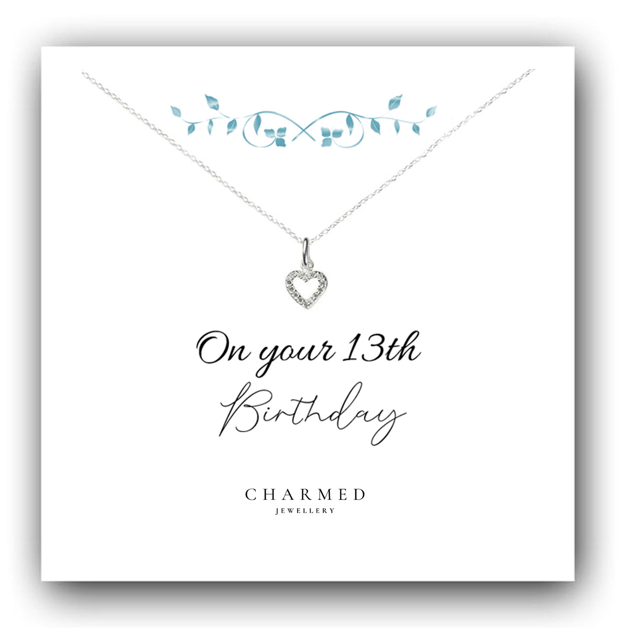 13th Birthday Heart Necklace with Cubic Zirconia in Sterling Silver 925, Personalised Jewellery Gift