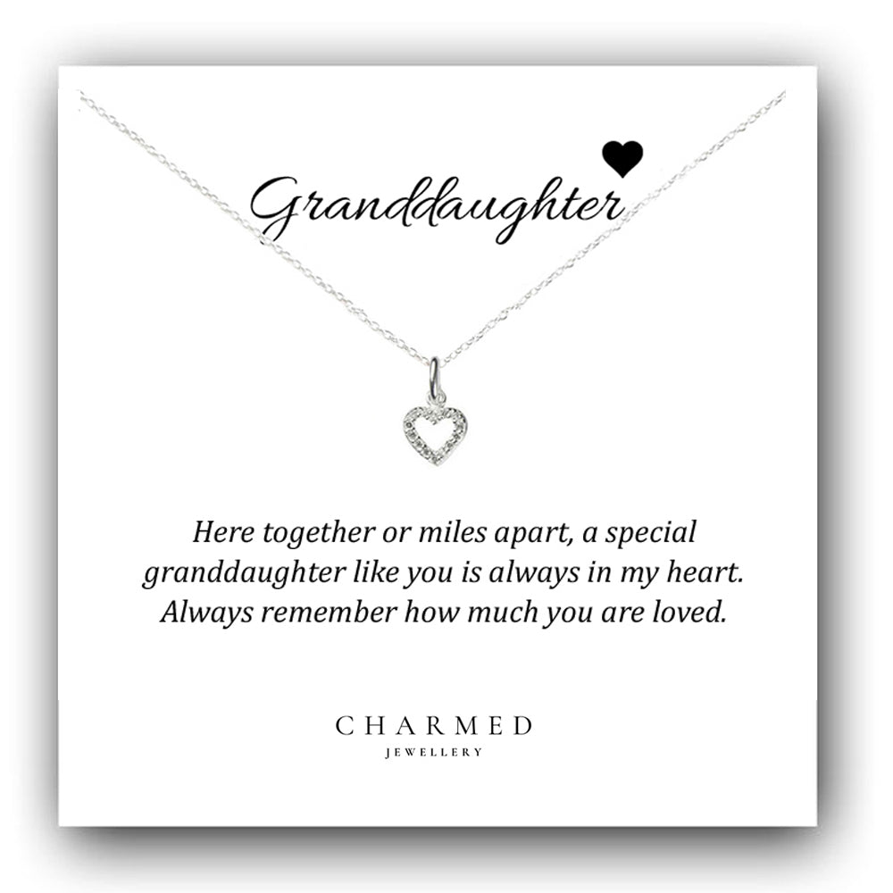 Granddaughter Heart Necklace with Cubic Zirconia in Sterling Silver 925, Personalised Jewellery Gift