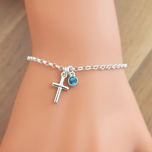 Cross Bracelet with Crystal Birthstone Sterling Silver 925 Personalised Jewellery