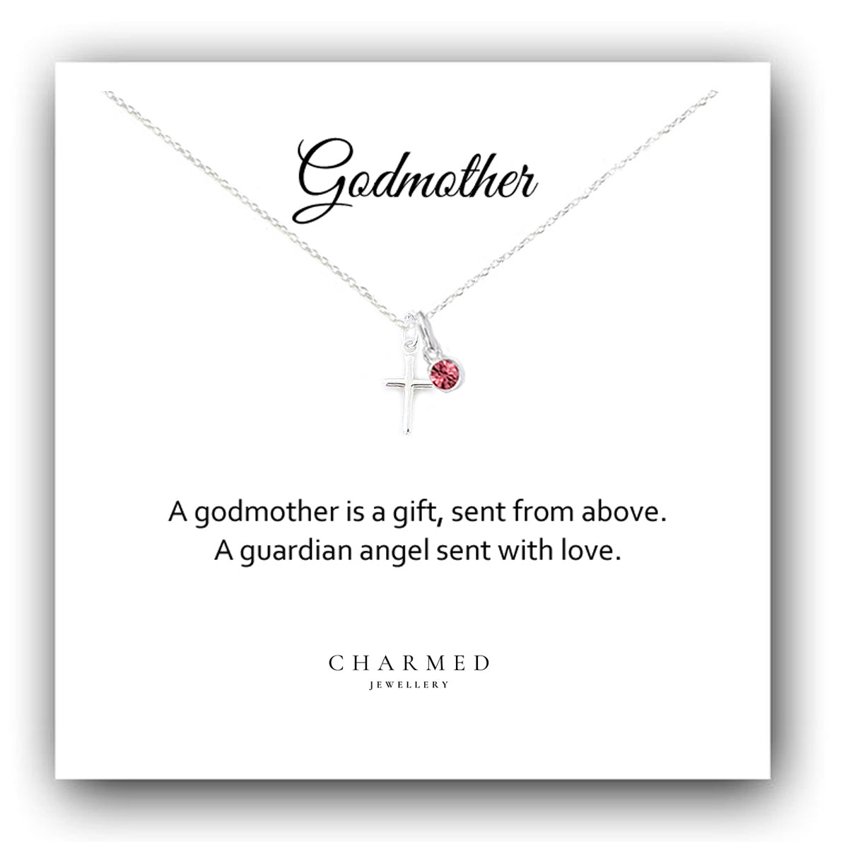 Godmother Gift, Cross Necklace with Birthstone in Sterling Silver 925, Personalised Gift