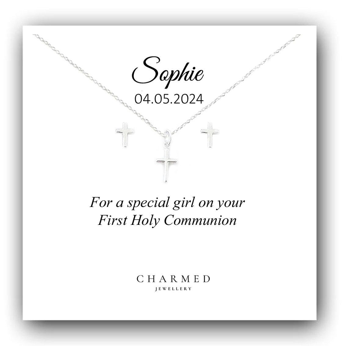 First Holy Communion Gift, Cross Necklace & Earrings Jewellery Set, Personalised Jewellery Set