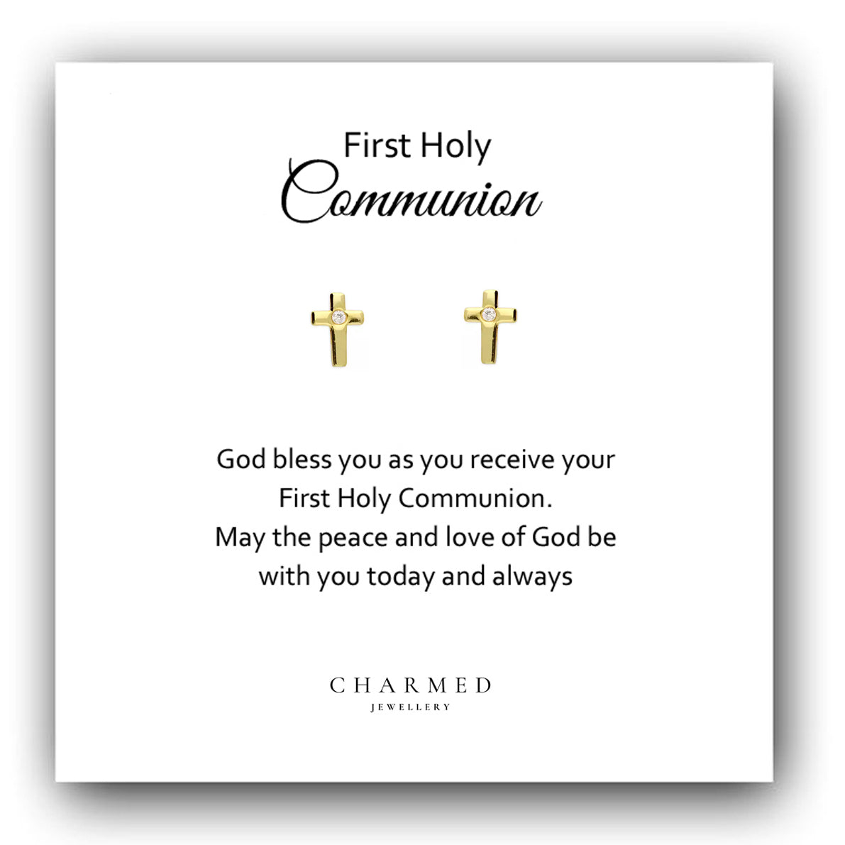 First Holy Communion Gift, Gold CZ Cross Earrings in Sterling Silver 925, Personalised Jewellery Gift