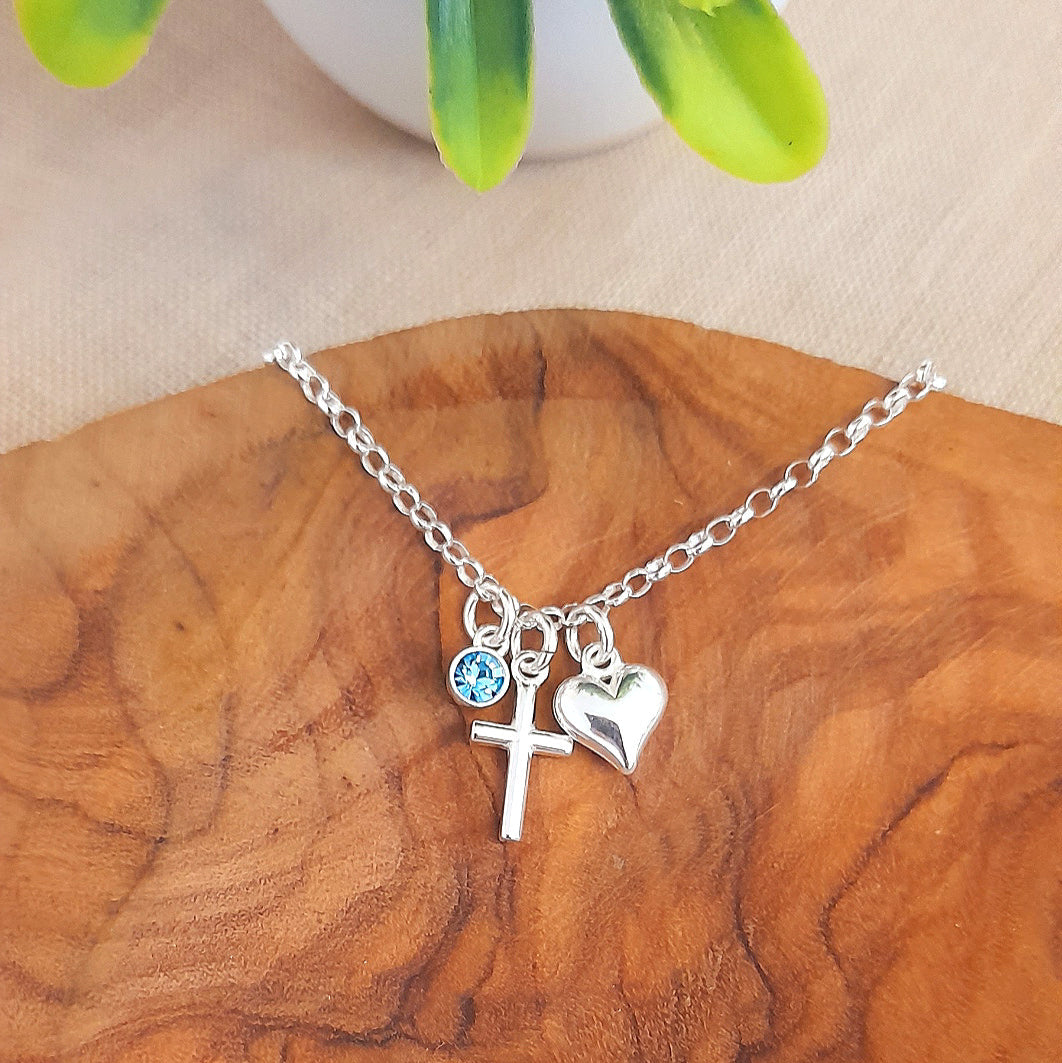 Cross Heart Bracelet with Crystal Birthstone Sterling Silver 925 Personalised Jewellery