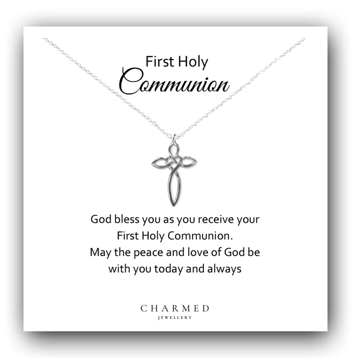 First Holy Communion Gift, Eternity Heart Cross Necklace in Sterling Silver 925, Personalised Gift