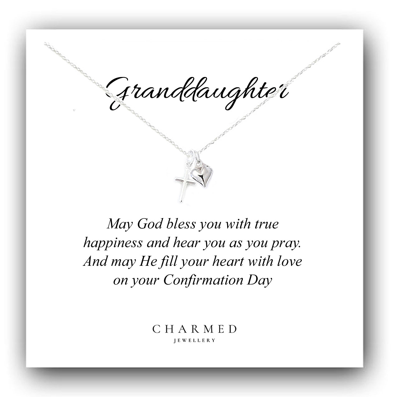 Granddaughter Confirmation Gift, Cross and Puffy Heart Necklace 925 Sterling Silver, Personalised Keepsake Gift