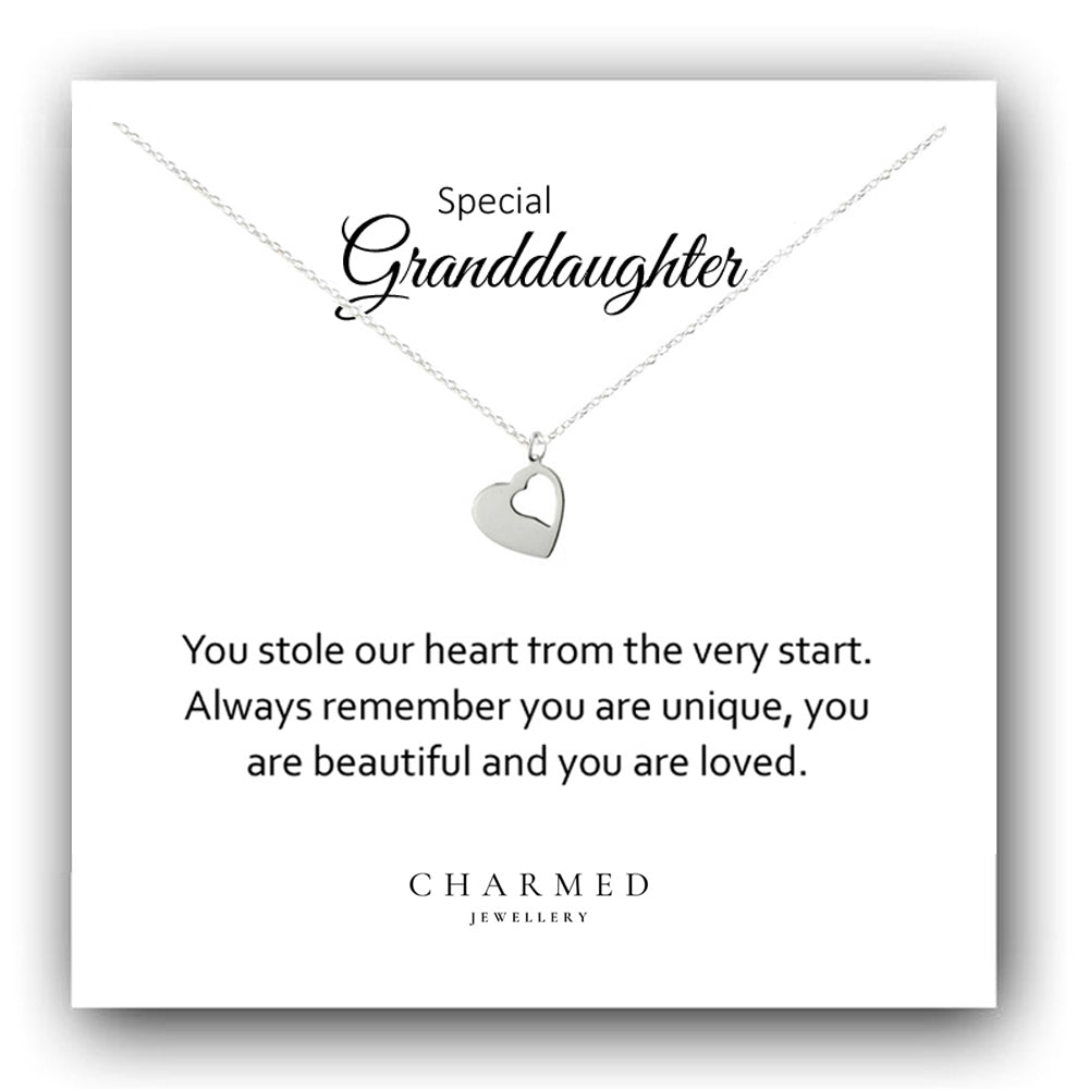 Granddaughter Cut Out Heart Necklace in Sterling Silver 925 | Personalised Jewellery Gift