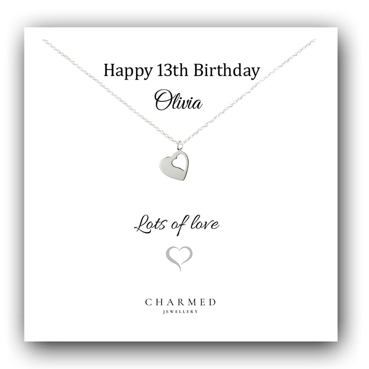 13th Birthday Cut Out Heart Necklace in Sterling Silver 925, Personalised Jewellery Gift