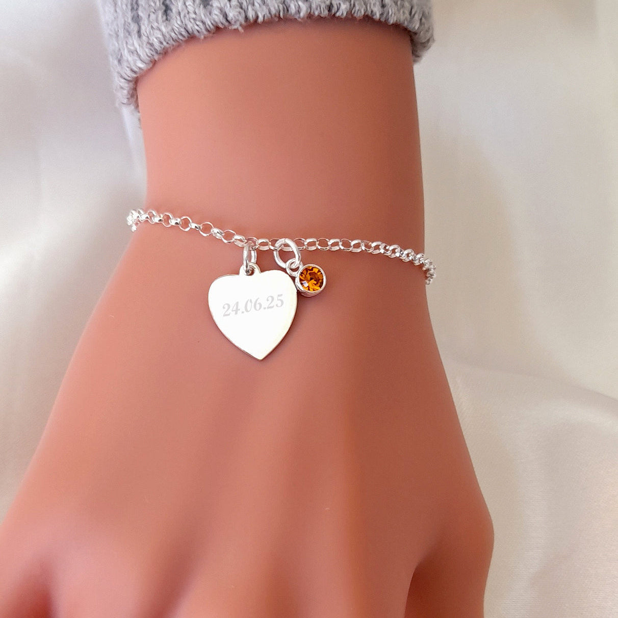 13th Birthday Gift, Engraved Heart Birthstone Bracelet 925 Sterling Silver, Personalised Jewellery Gift