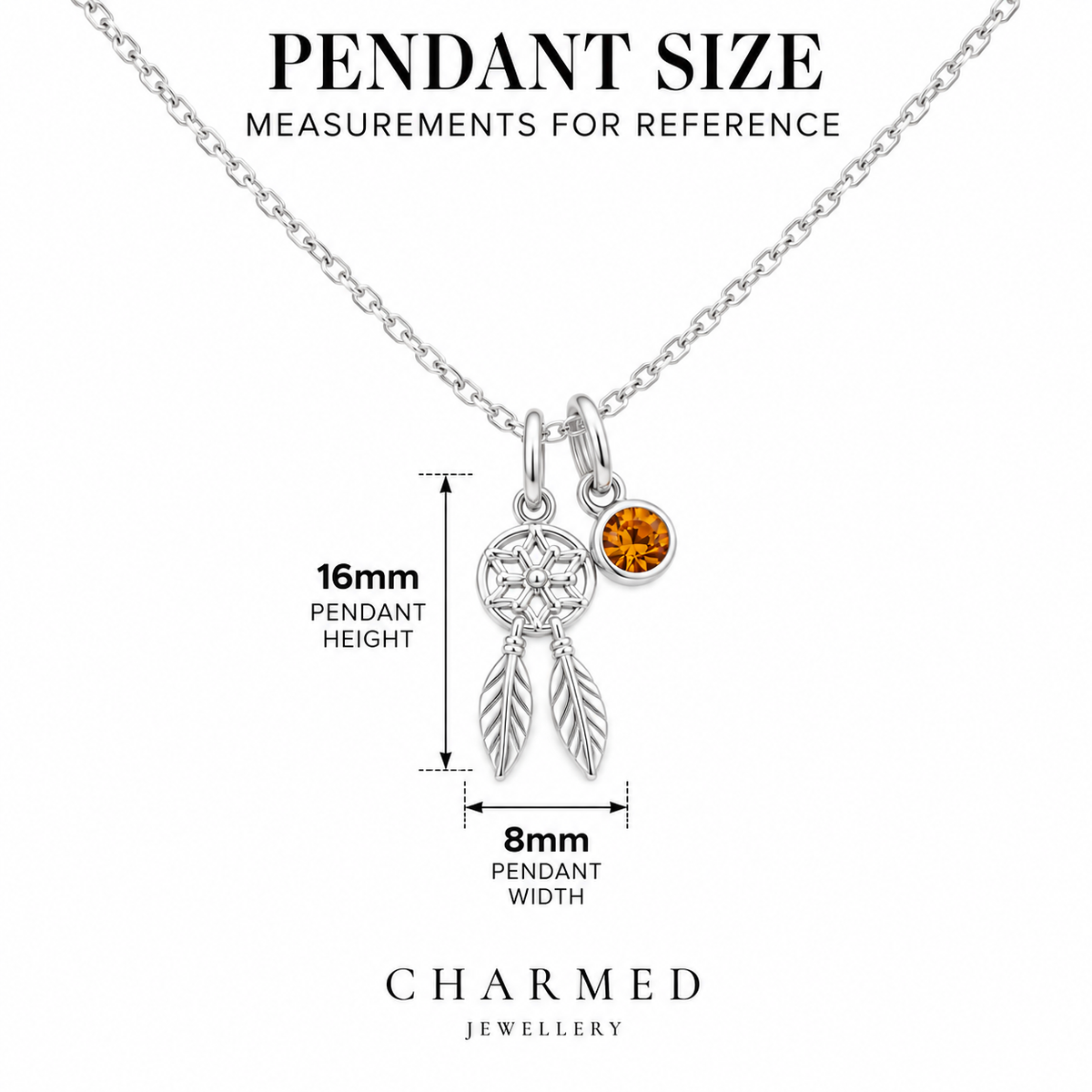Dreamcatcher Birthstone Necklace measurement guide – 16mm pendant