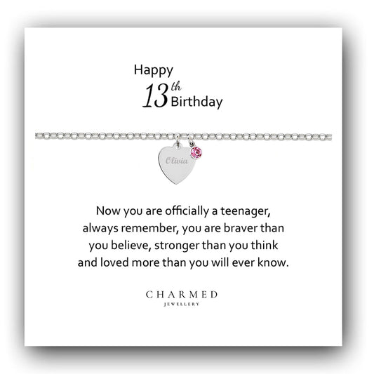 13th Birthday Gift, Engraved Heart Bracelet 925 Sterling Silver, Personalised Bracelet