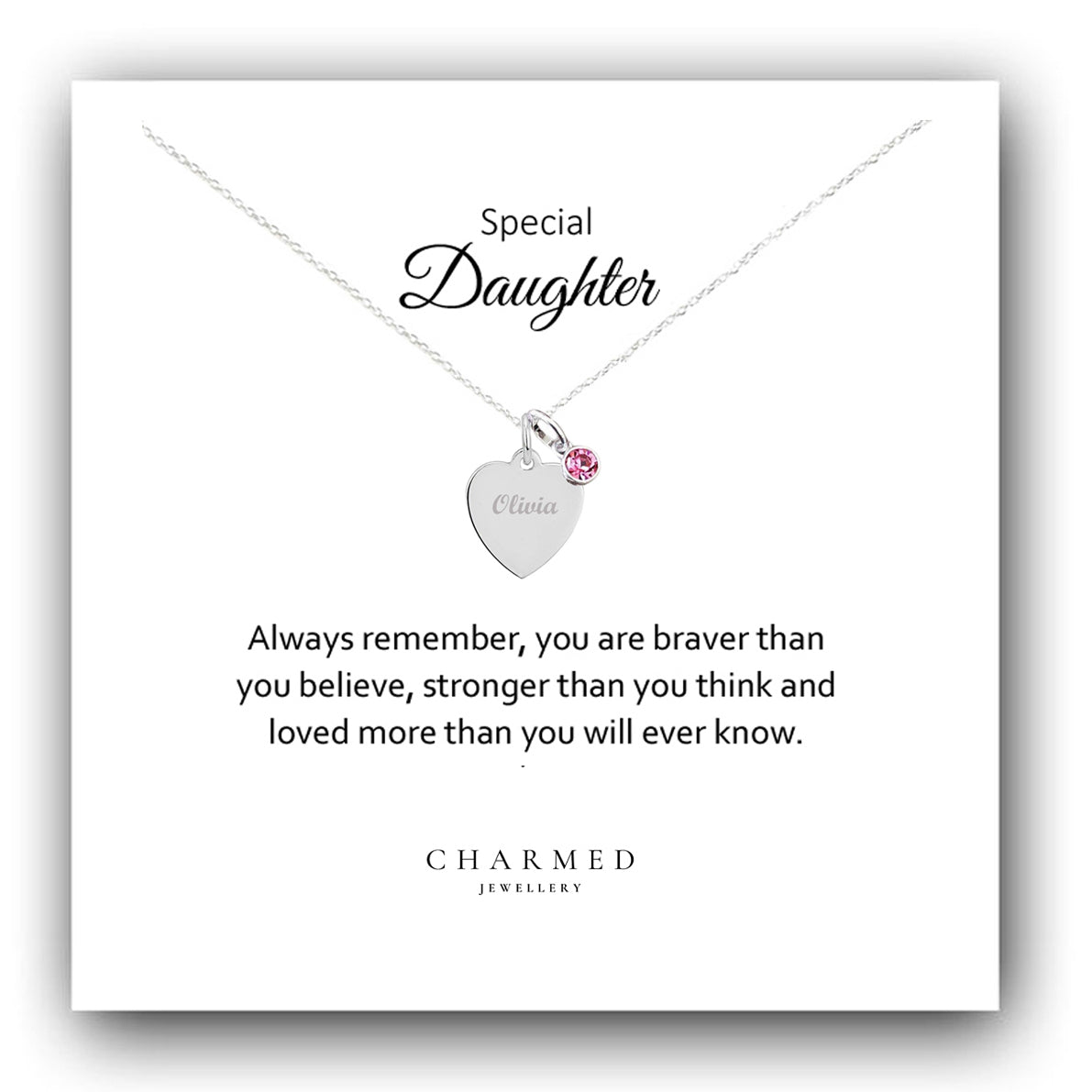 Daughter Gift, Engraved Heart Birthstone Necklace 925 Sterling Silver, Personalised Necklace, Message Jewellery