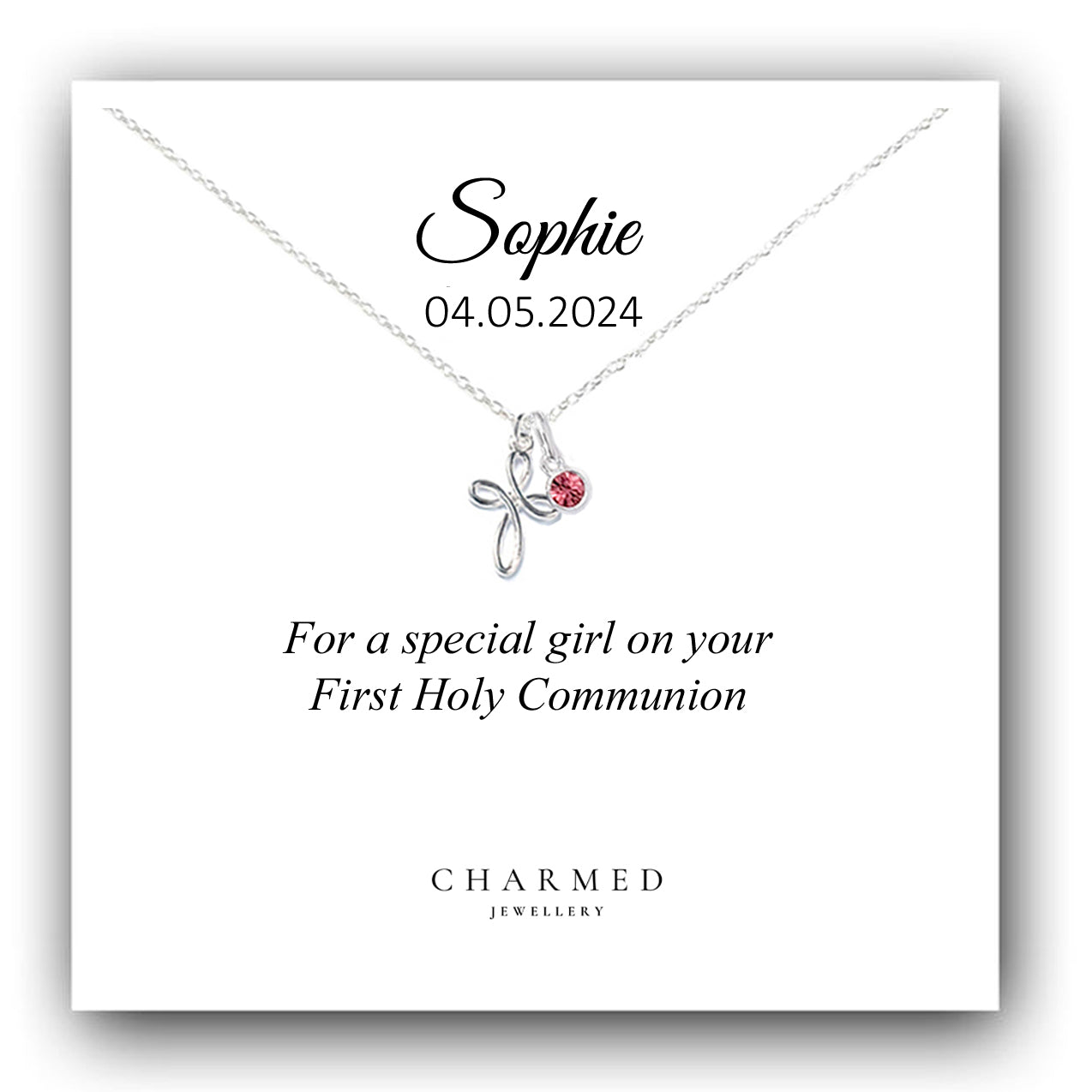 First Holy Communion Gift, Eternity Cross Necklace with Birthstone in Sterling Silver 925, Personalised Gift