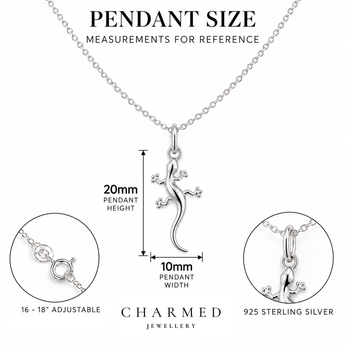Sterling Silver Gecko Necklace Size Guide