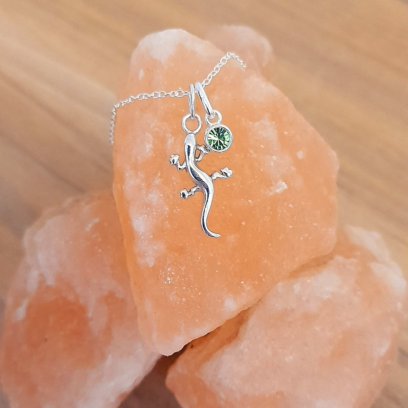 A Charmed Gecko Necklace with Crystal Birthstone Sterling Silver 925, Personalised Jewellery