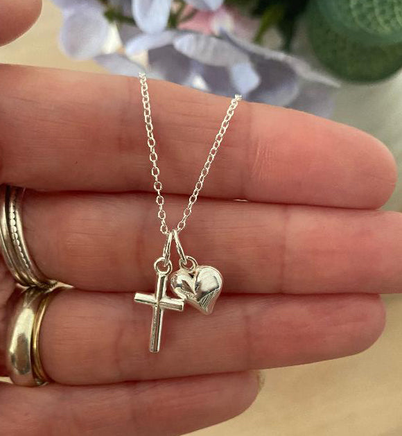 Granddaughter Confirmation Gift, Cross and Puffy Heart Necklace 925 Sterling Silver, Personalised Jewellery Gift