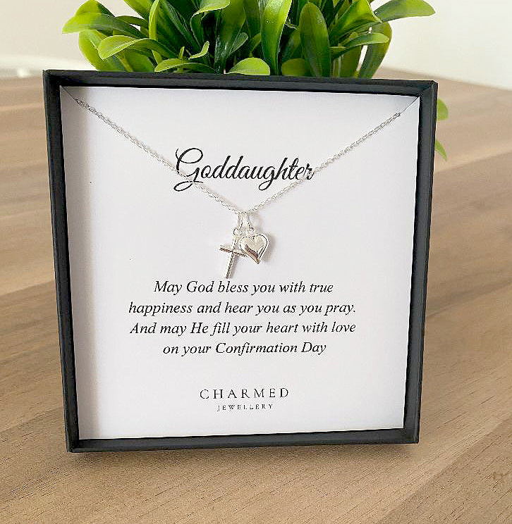 Granddaughter Confirmation Gift, Cross and Puffy Heart Necklace 925 Sterling Silver, Personalised Keepsake Gift