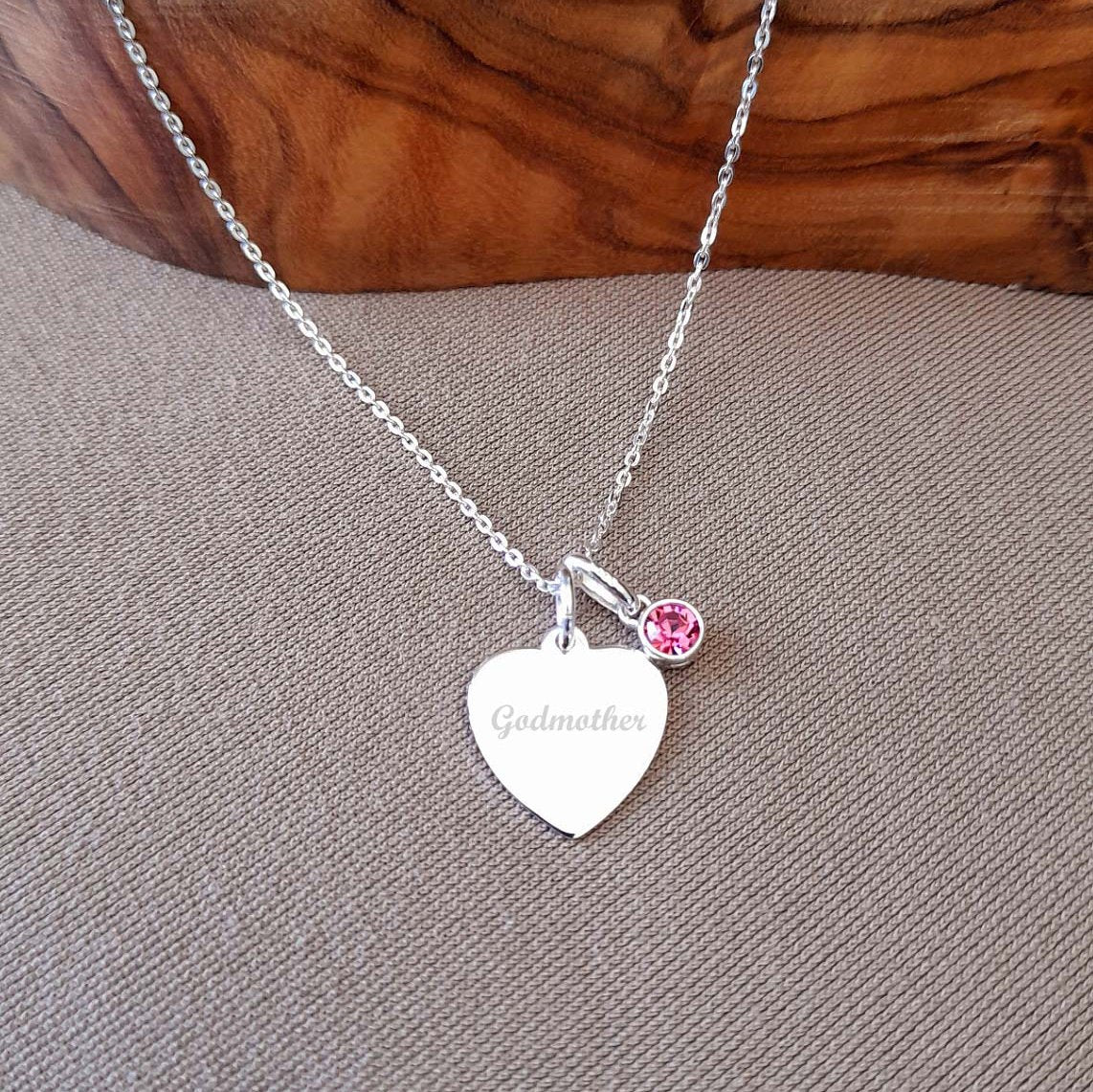 Godmother Necklace with Birthstone 925 Sterling Silver, Personalised Jewellery, Engraved Necklace