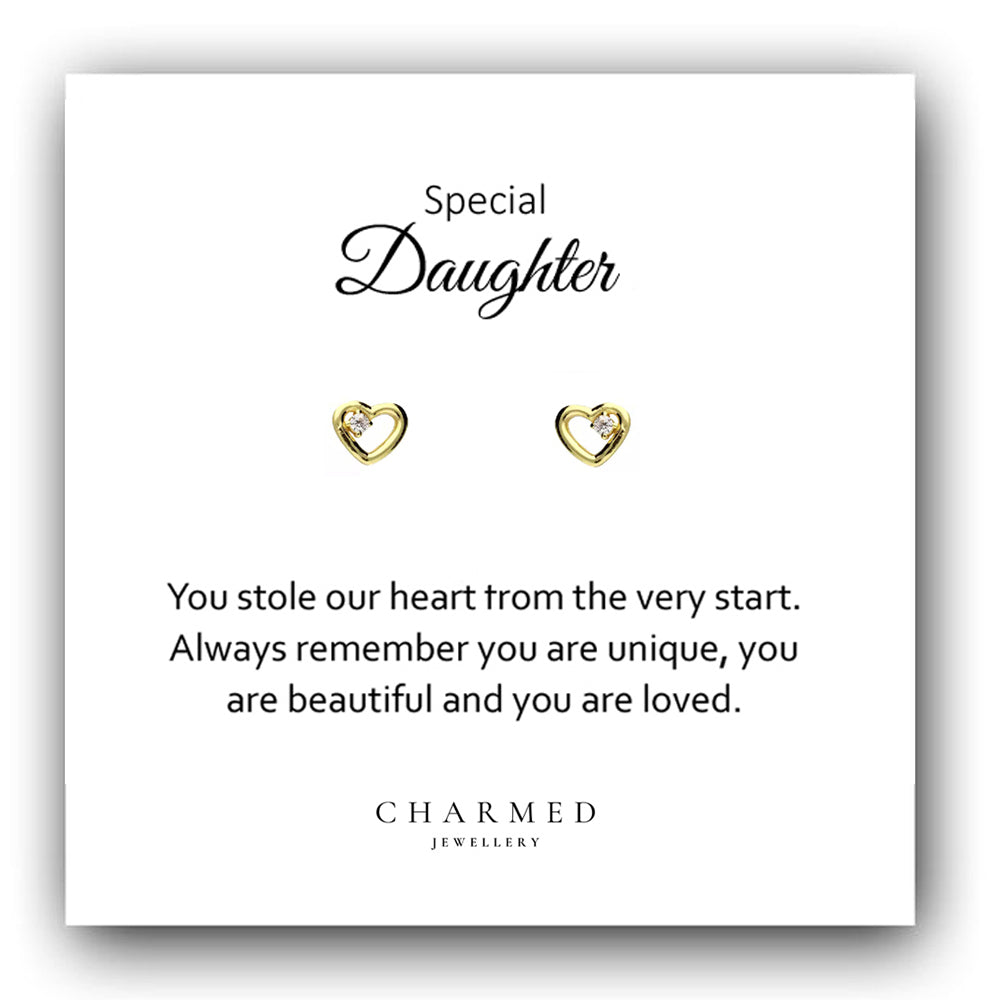 Daughter Gift, CZ Heart Stud Earrings, 14ct Yellow Gold Plated Sterling Silver 925, Personalised Jewellery Gift