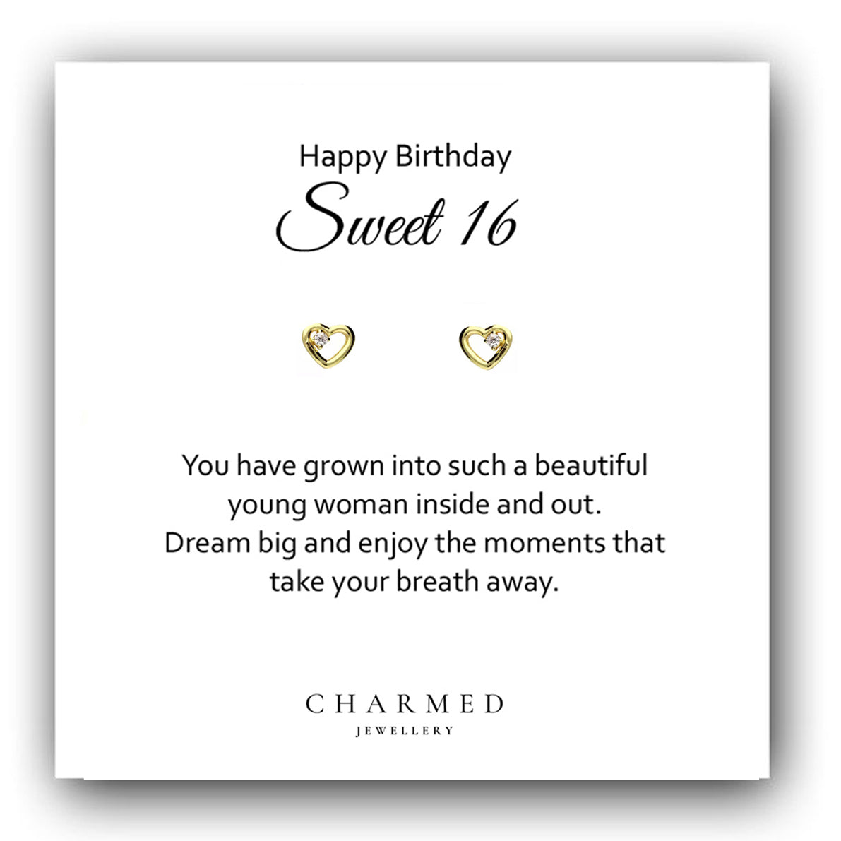 Sweet 16 Gift, CZ Heart Stud Earrings, Sterling Silver 925, 16th Birthday, Personalised Jewellery Gift