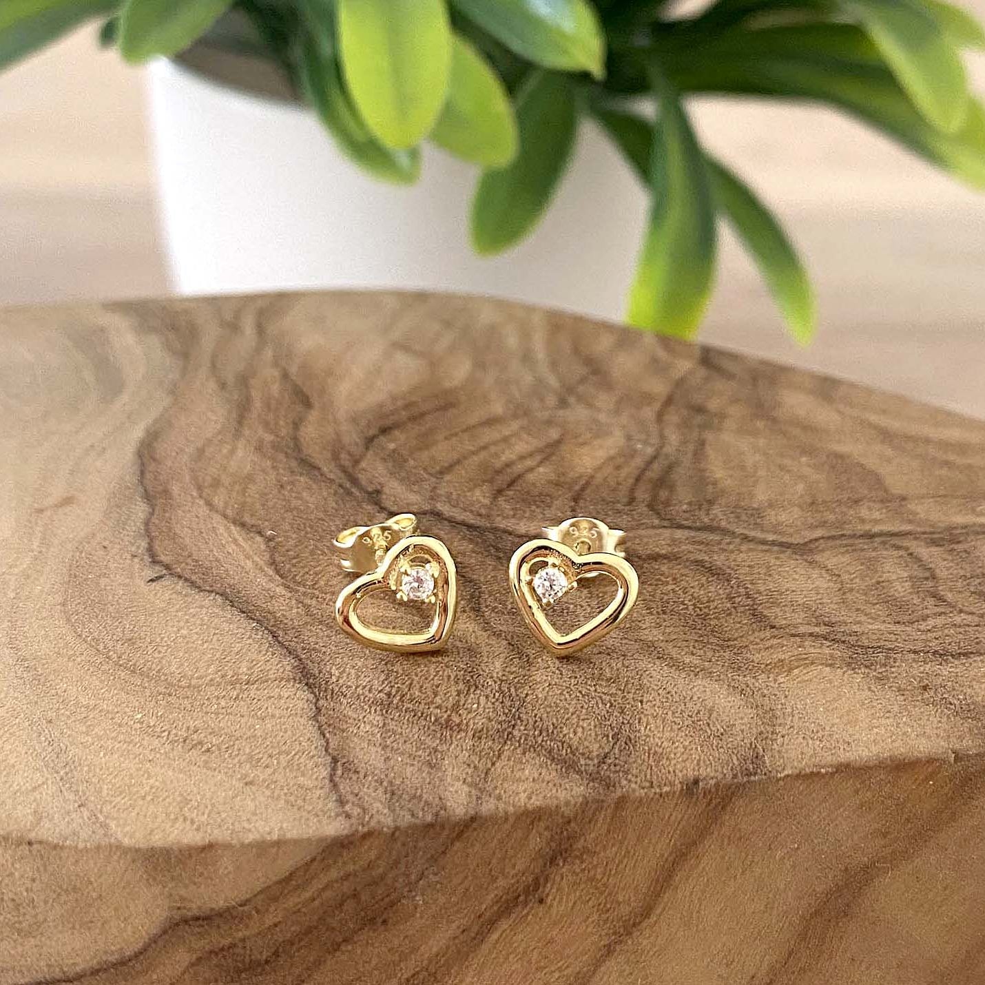 Daughter Gift, Gold CZ Heart Stud Earrings, Sterling Silver 925, Personalised Jewellery Gift