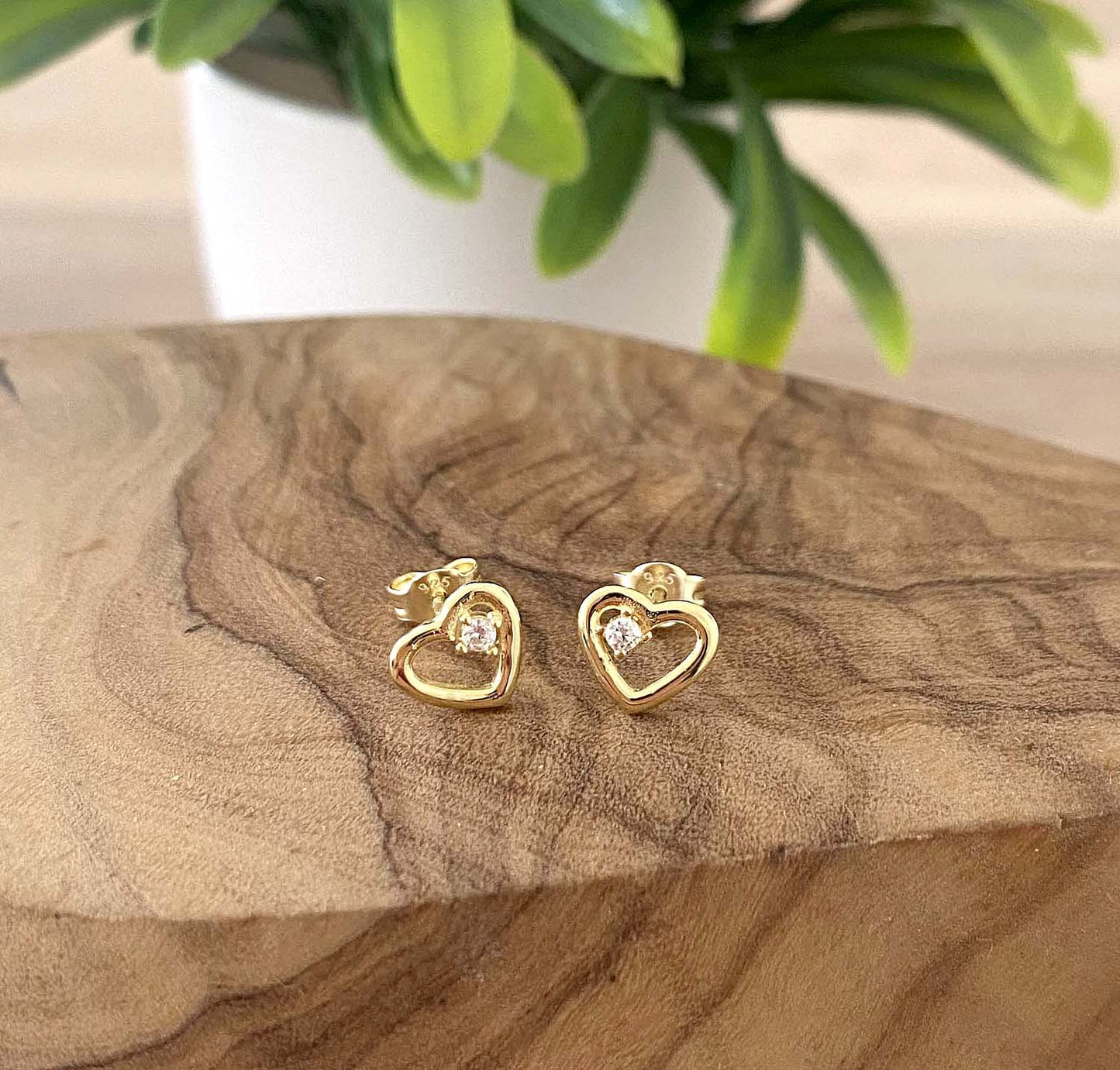 Graduation Gift, Gold CZ Heart Stud Earrings Sterling Silver 925, Personalised Jewellery Gift