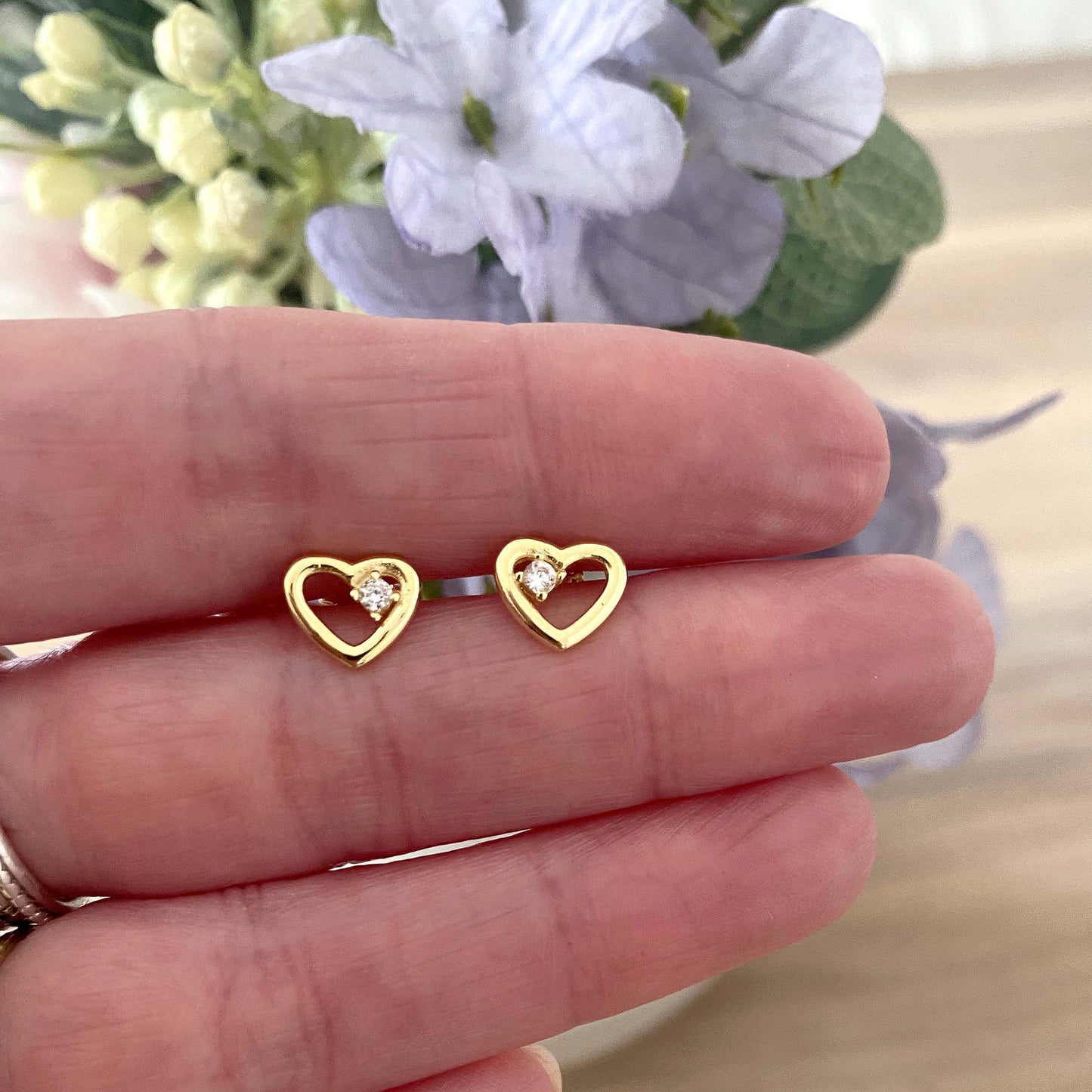 Daughter Gift, Gold CZ Heart Stud Earrings, Sterling Silver 925, Personalised Jewellery Gift