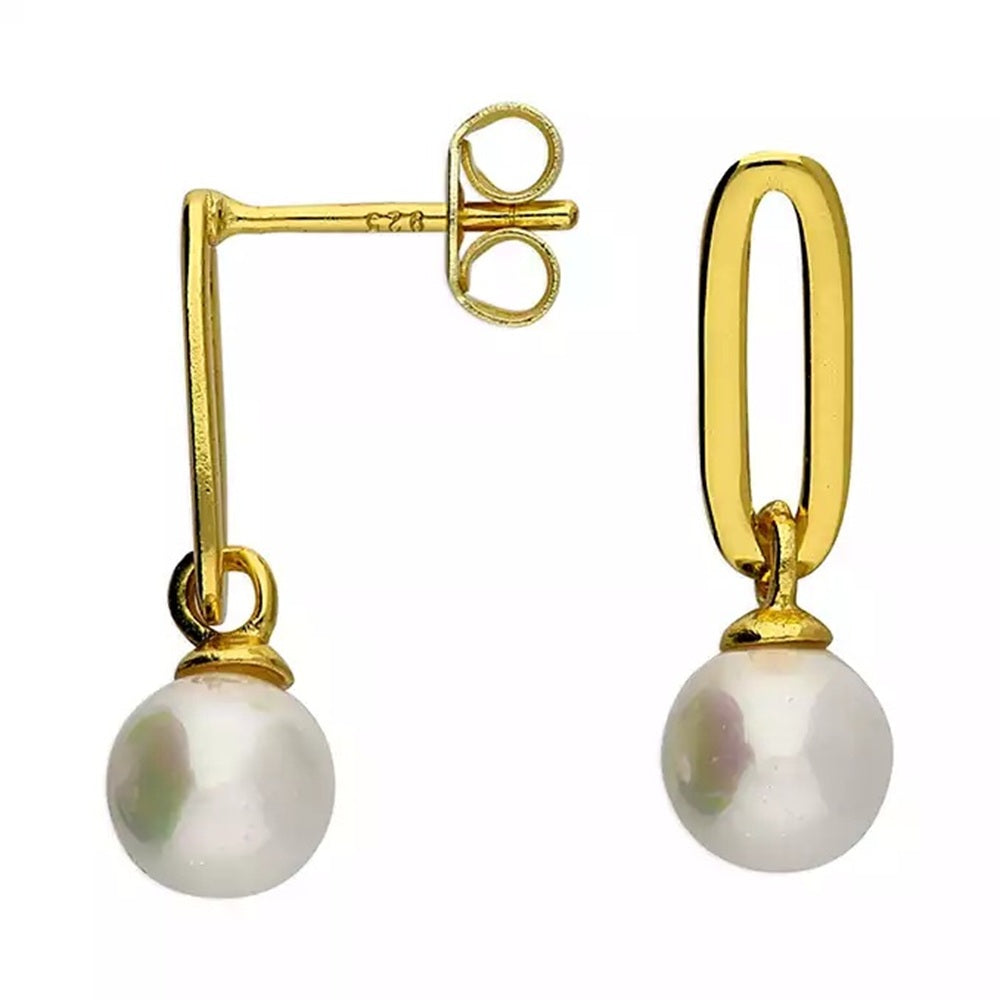 Gold Paperclip with Pearl Stud Drop Earrings 925 14ct Gold Plated Sterling Silver, Gifts for Her, Christmas Gift, Birthday Gift, Gift for Women