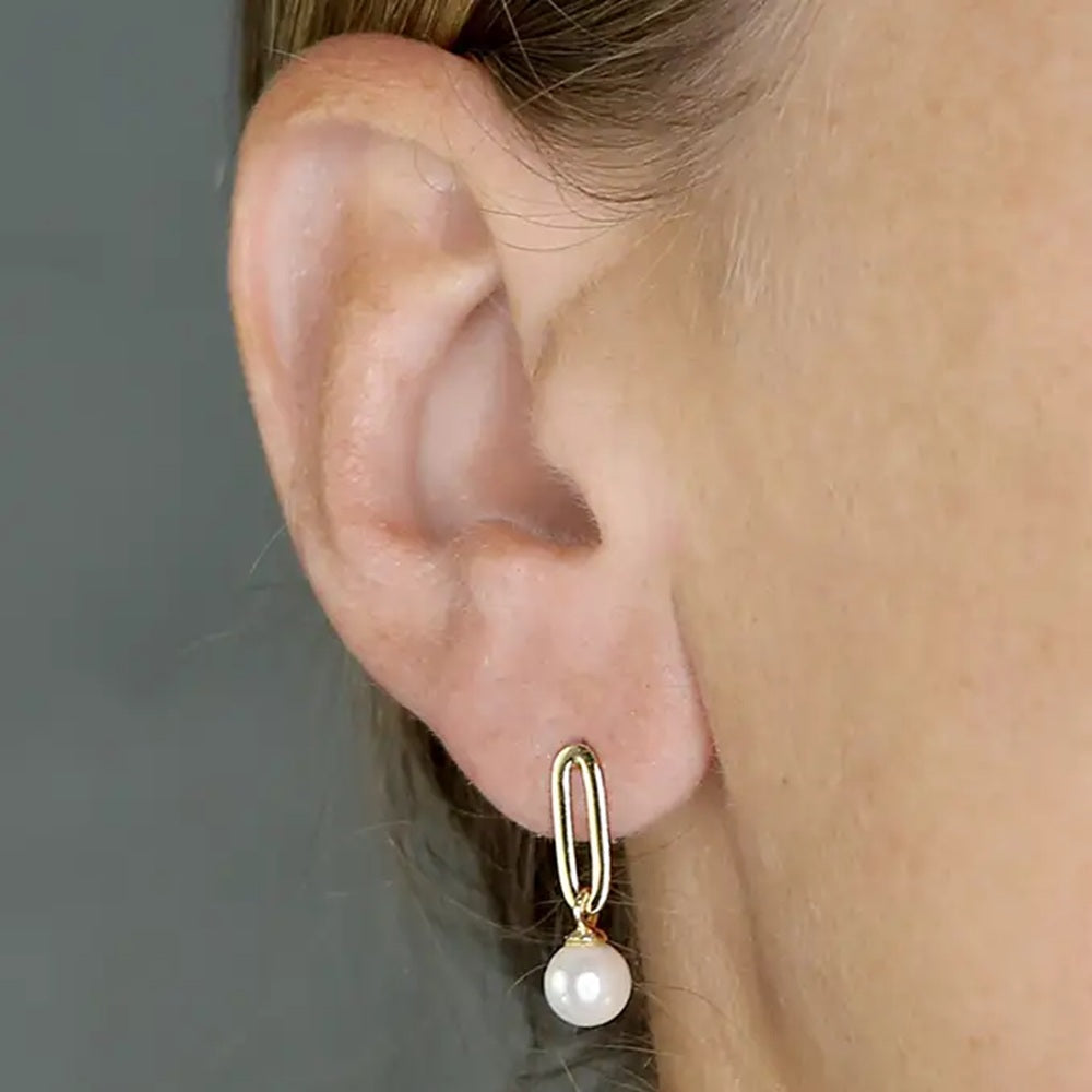 Gold Paperclip Pearl Drop Earrings 925 Sterling Silver