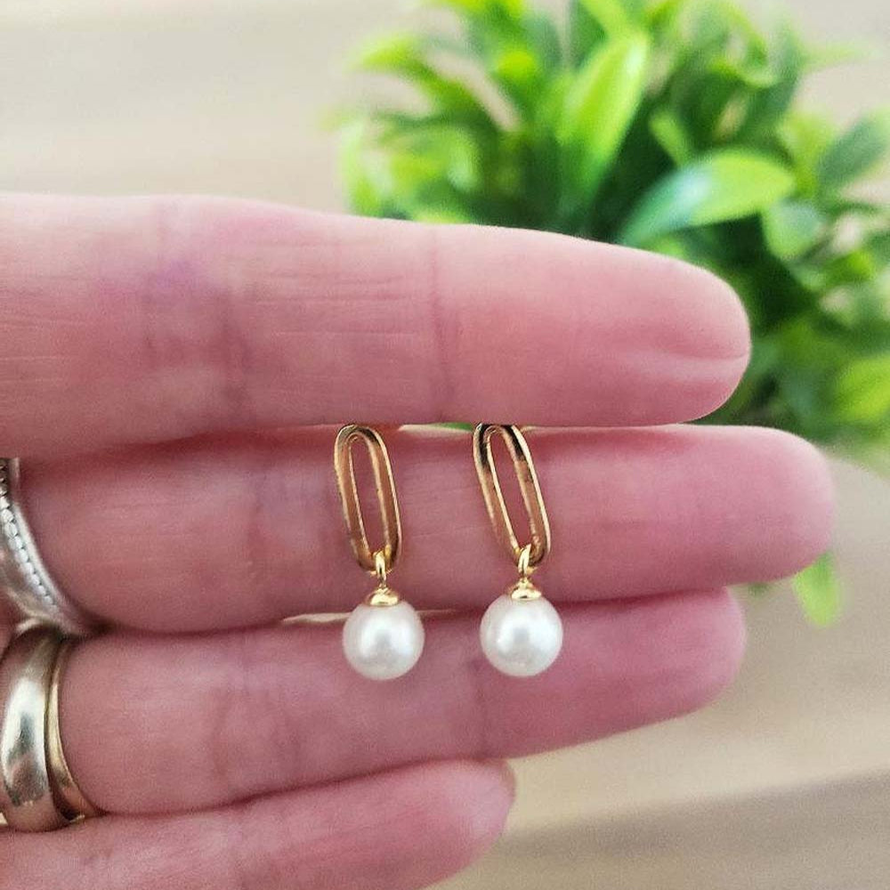 Gold Paperclip with Pearl Stud Drop Earrings 925 14ct Gold Plated Sterling Silver, Gifts for Her, Christmas Gift, Birthday Gift, Gift for Women